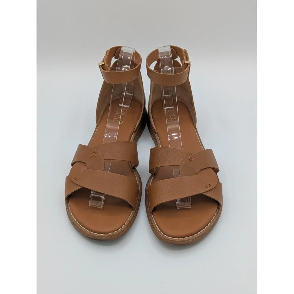 Franco Sarto Sandals 9 Tan Leather Ankle Strap Flat Minimalist Boho Summer - Picture 3 of 15